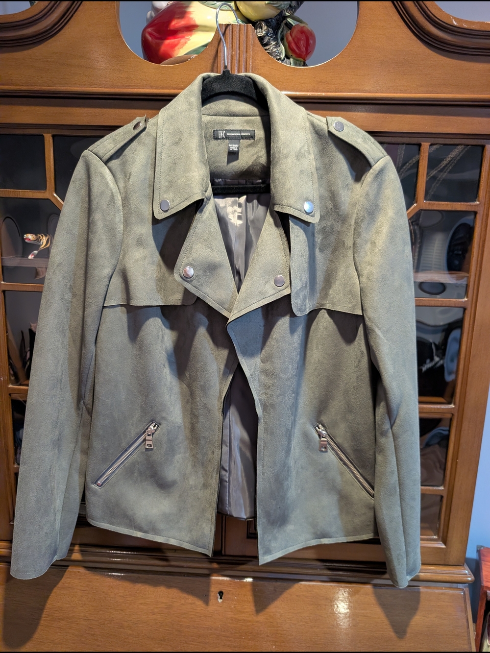 INC International Concepts Faux Suede Moto Jacket – Olive Green – Size Medium